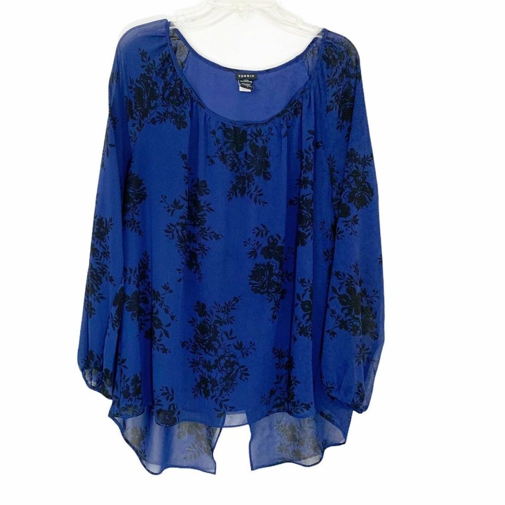 Torrid Blue Black Floral Chiffon Tulip Back Blouse